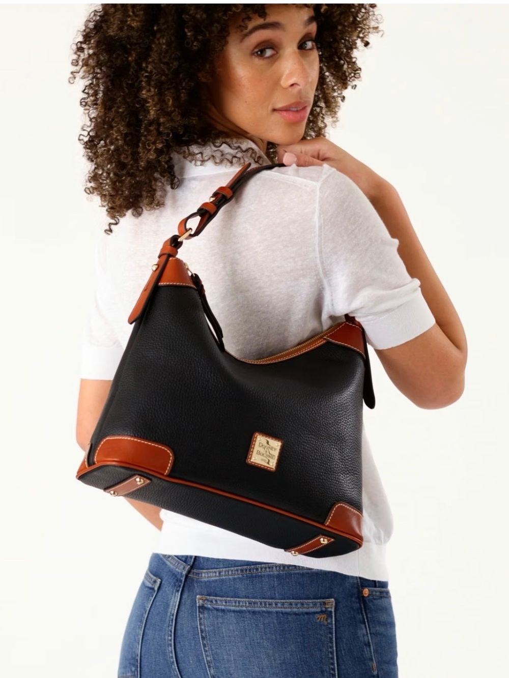 DOONEY & BOURKE Pebble Grain Hobo Black Brown Leather Vachetta Trim Shoulder Bag